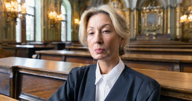 Closeup of serious woman in courtroom