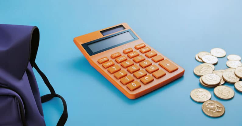 Orange calculator with coins and backpack